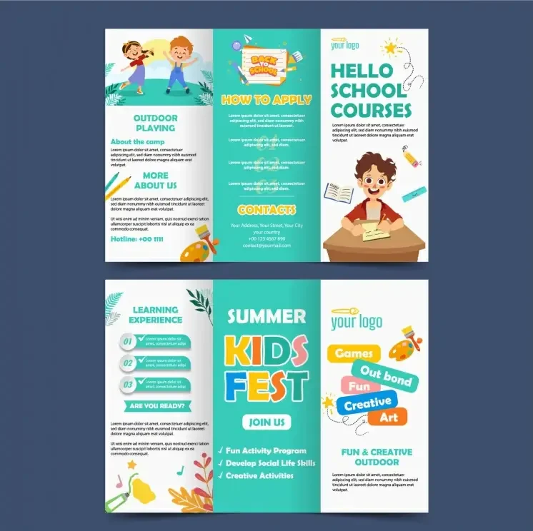 kids school tri fold brochure template cute schoolchildren cartoon