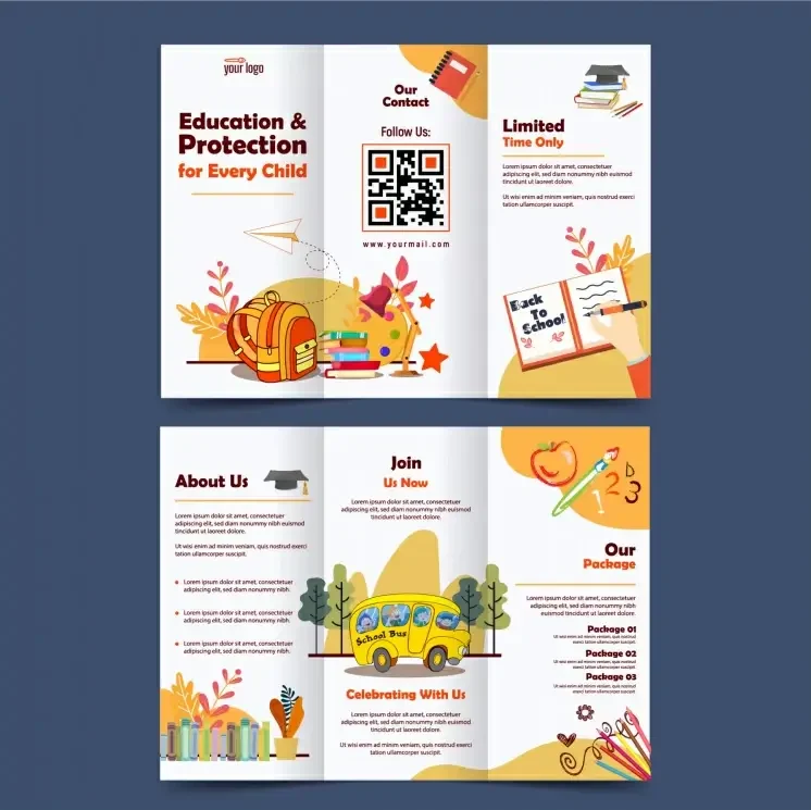 kids school tri fold brochure template hand drawn cartoon