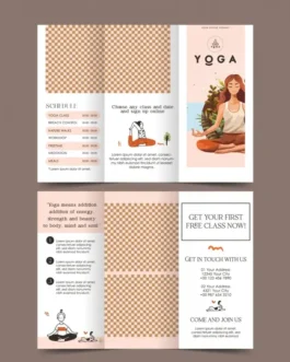 yoga brochure template trifold checkered cartoon zen lady