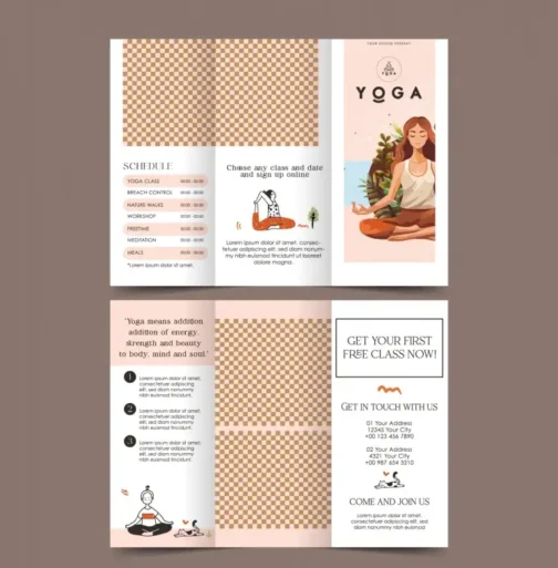 yoga brochure template trifold checkered cartoon zen lady